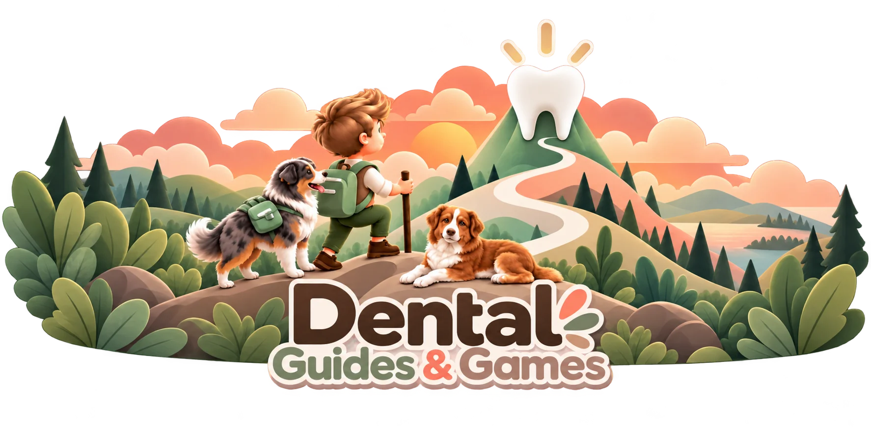 Dental Guides & Games: een kind en twee honden wandelen over een pad naar een stralende tand op de bergtop