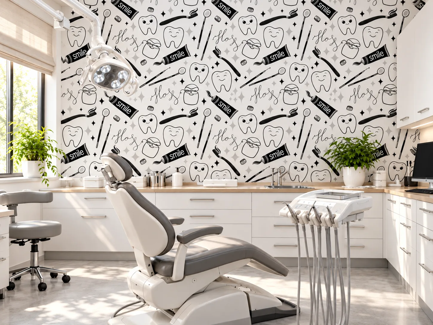 Dental wallpaper Black happy tooth in een behandelkamer