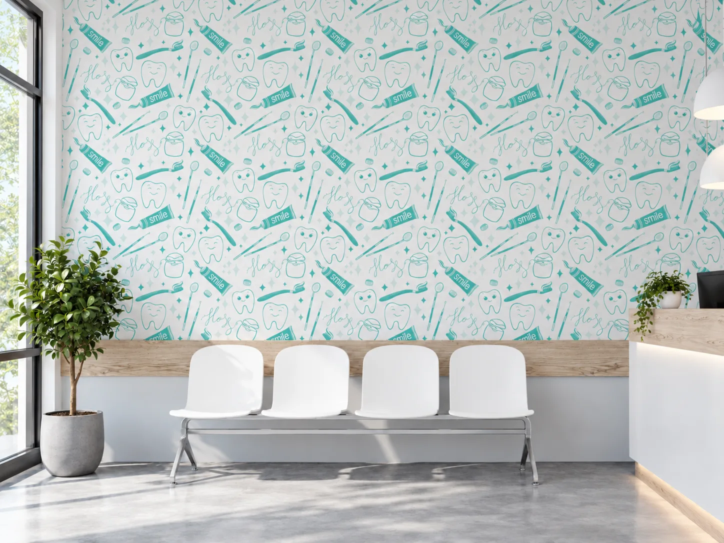 Dental wallpaper Blue happy tooth in een wachtkamer