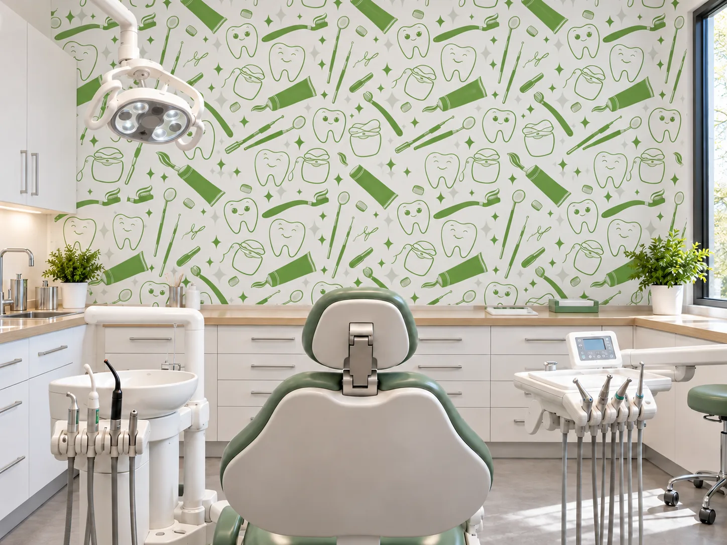 Dental wallpaper Green happy tooth in een behandelkamer
