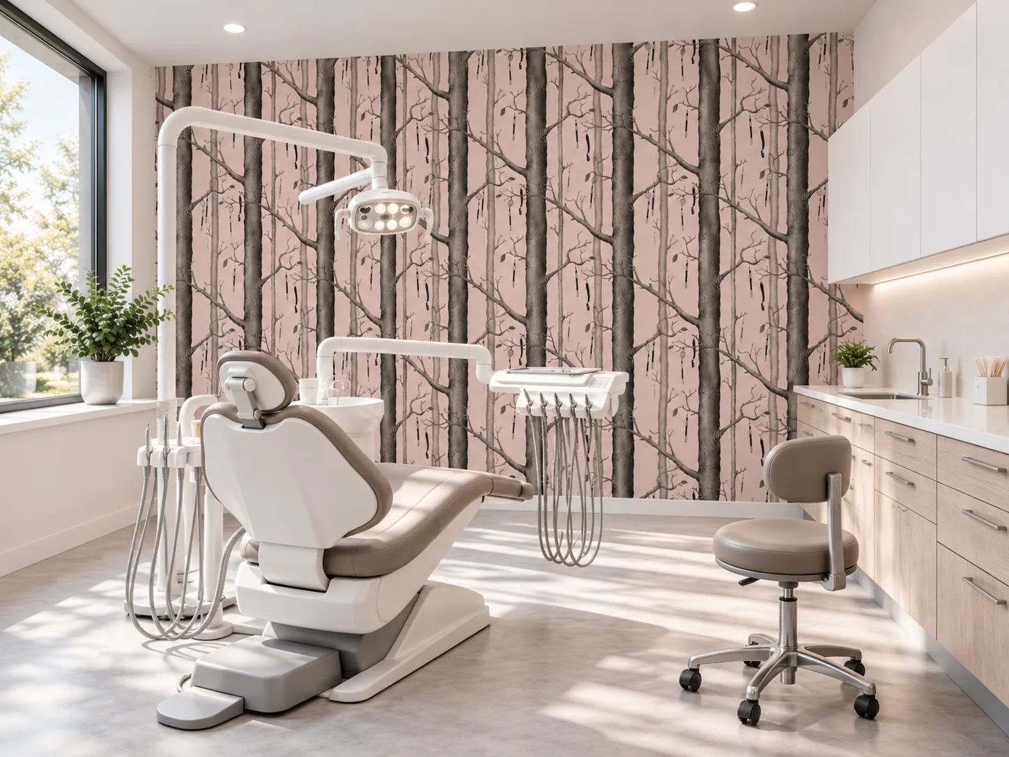 Dental wallpaper Pink forest in een behandelkamer